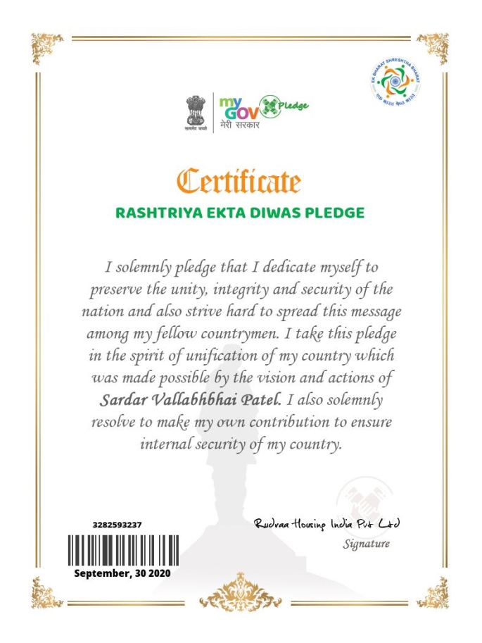 Rashtriya Ekta Diwas Pledge Certificate for Real Estate Unity Vrindavan